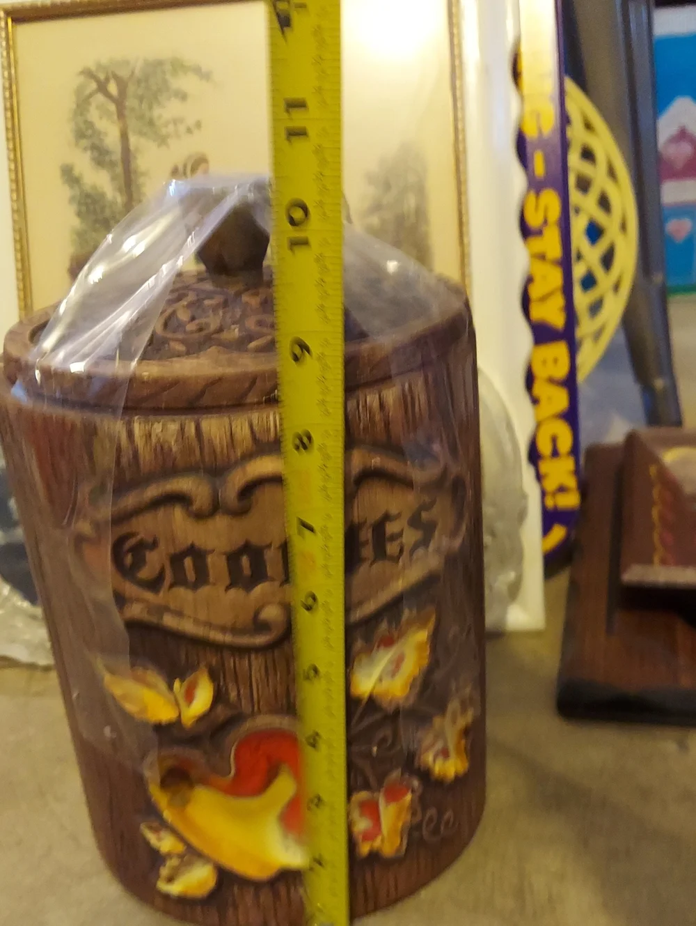 Vintage  Brown 'Cookies' Wooden Cookie Jar with Yellow Accent